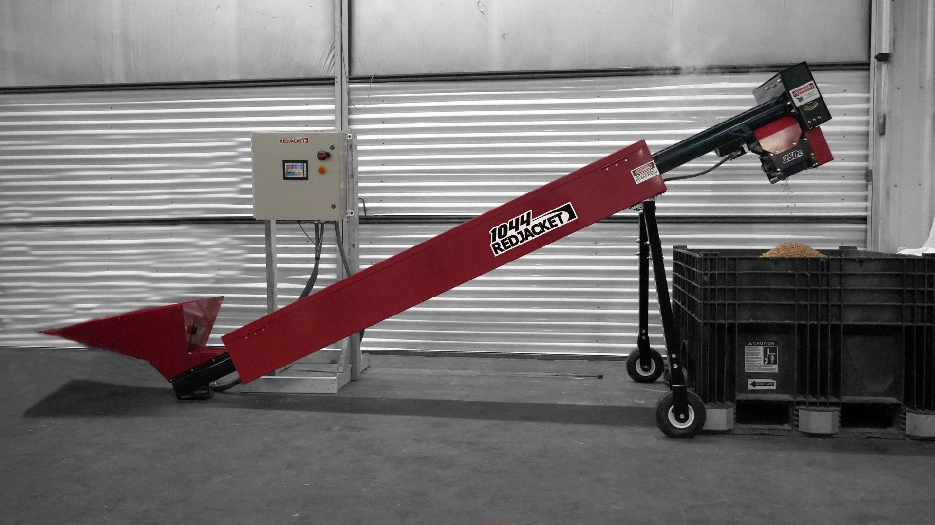 Redjacket 1044 roaster with a roller mill and control panel